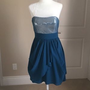 Turquoise AQUA strapless dress with sequin shine